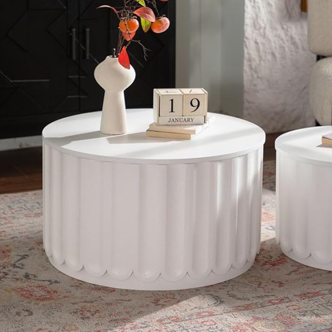 kevinplus 46.46'' White Round Coffee Table Set of 2 with Storage Space & Lift-Off Lid, Modern Circle Fluted Drum Nesting Coffee Table for Living Room, No Assembly, White