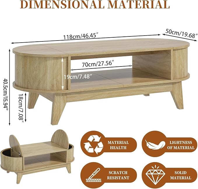 46.45'' Oval Coffee Tables for Living Room, Mid Century Modern Coffee Table with Storage, Wood Fluted Accent Center Table with Flip-Top Lids for Home,Office (Wood Color)