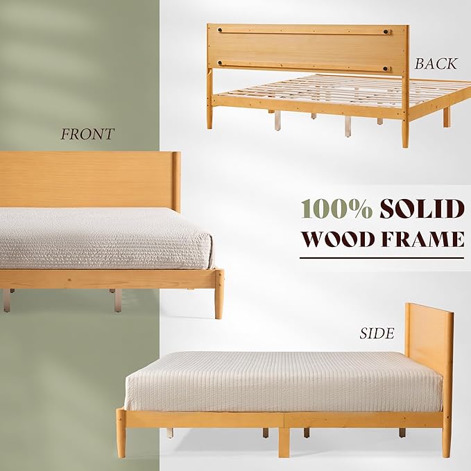 AMERLIFE 3 Piece Bedroom Set Includes Solid Wood King Platform Bed Frame with Headboard and 2 Nightstands with Spindle-Turned Legs, Mid Century Modern Bedroom Furniture, Natural