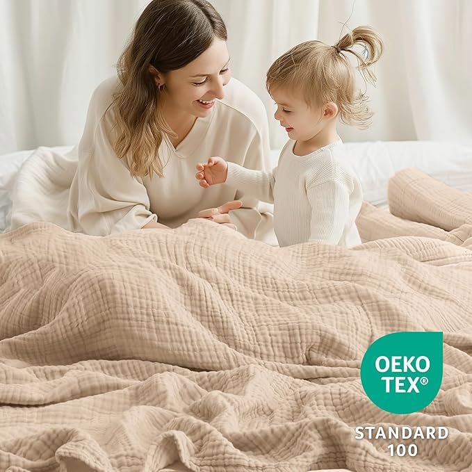 100% Cotton Muslin Blanket California King 120" x 90", 6 Layers Breathable and Lightweight Oversized Blankets for Bed, Soft Cooling Gauze Blanket for Adults All Season, Beige