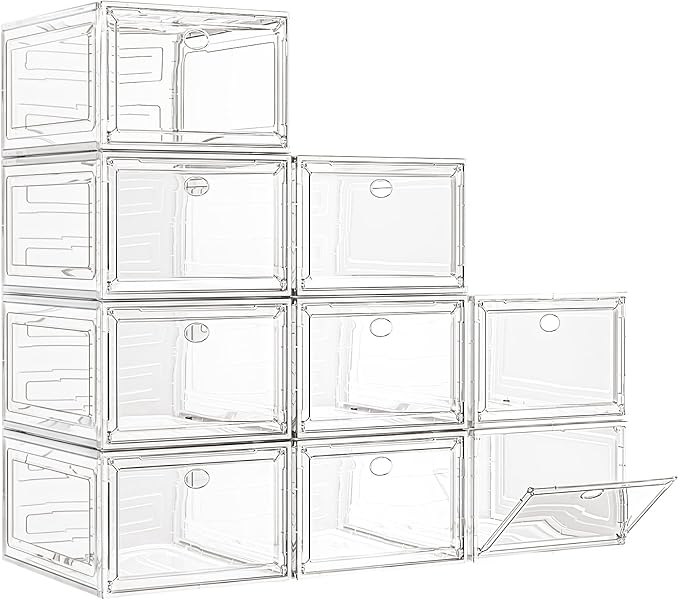 7 code Large Clear Shoe Boxes Organizer【Thicker Material】 Stronger Shoe Box with Magnetic Door, Stackable Shoe Storage Box for Closet, Foldable Space-Saving Storage Bins Shoe Cabinet, White 9 Pack by 7+code