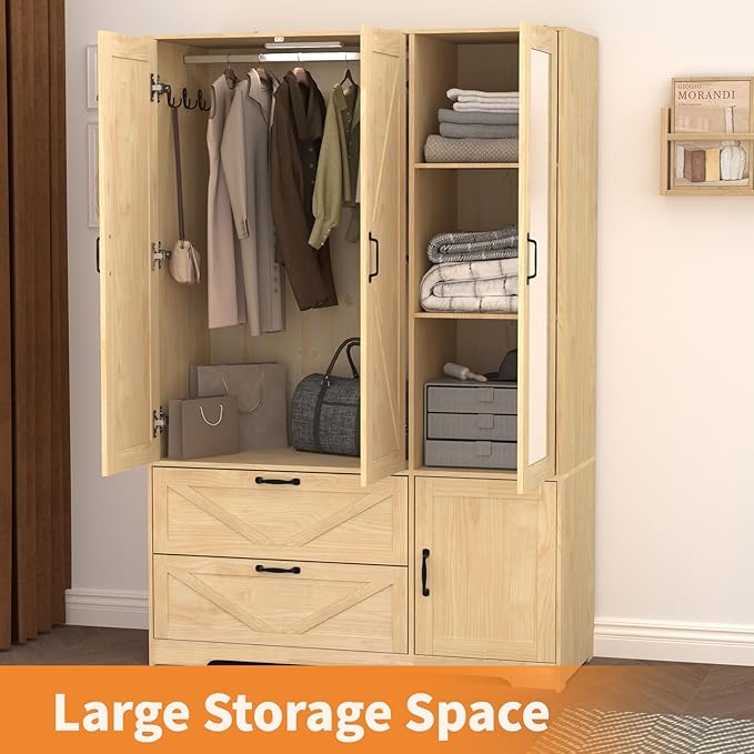 3 Door Wardrobe Closet with Mirror, Bedroom Armoire Wardrobe Closet with Lights, 2 Drawers, Hanging Rod and Cabinet, Large Clothes Storage Organizer, 47.2 x 19.68 x 71.65 in,Natural