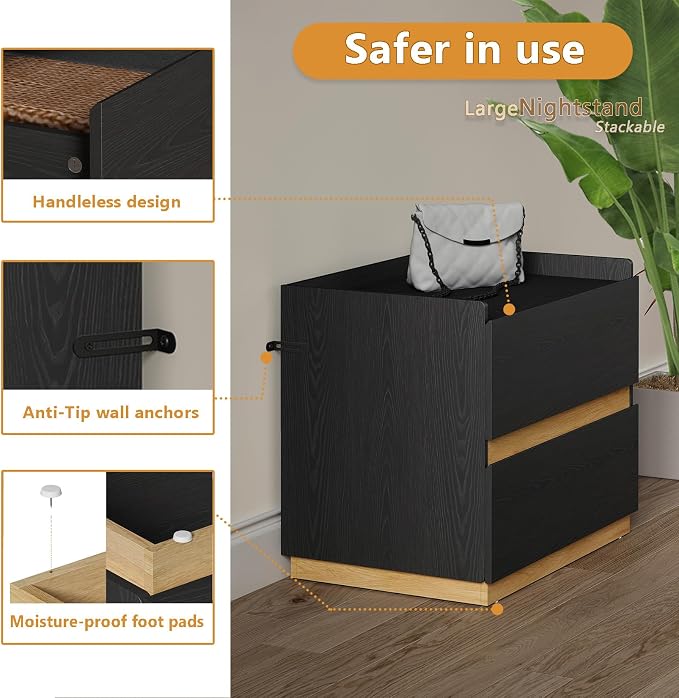 Large Modern Nightstand Black Bedside Table, 2 Drawer Dresser Wood Stackable Storage Drawers for Clothes for Closet, Bedroom, 24"x16"x20" - Image 7