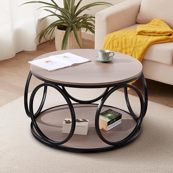 BECHAEO 31.5" Round Coffee Table with Storage - 2 Tier Vintage Coffee Table for Living Room, Industrial Design Wood Top & Metal Legs, Modern Accent Cocktail Tables for Home Office