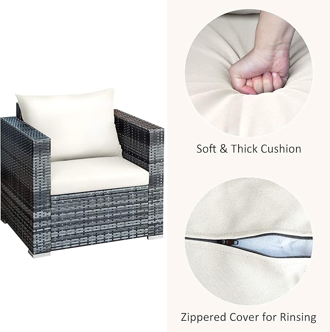 Tangkula 3 Pieces Patio Furniture Set, PE Rattan Wicker Sofa Set w/Washable Cushion and Tempered Glass Tabletop, Outdoor Conversation Furniture for Garden Poolside Balcony