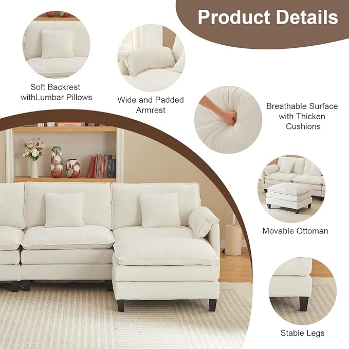 Modular Sectional Sofa, 108” Comfy Cloud Couch with Movable Ottoman | Charging Station | Side Pocket | Throw Pillow, Modern L-Shaped Couches for Living Room, Chenille, Cloud White