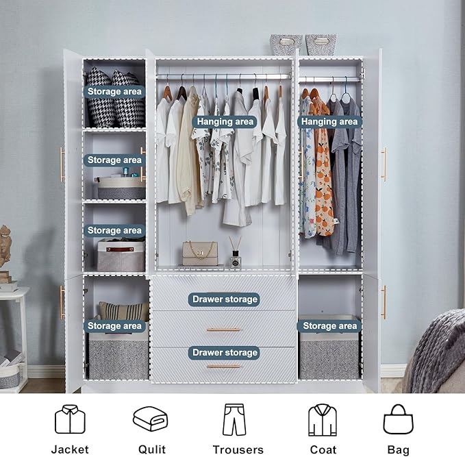 GraceGrove Armoire Wardrobe Closet with 3 Drawers and 4 Door Armoire Cabinet Closet Wood High Storage Capacity and Hanging Rail for Bedroom White