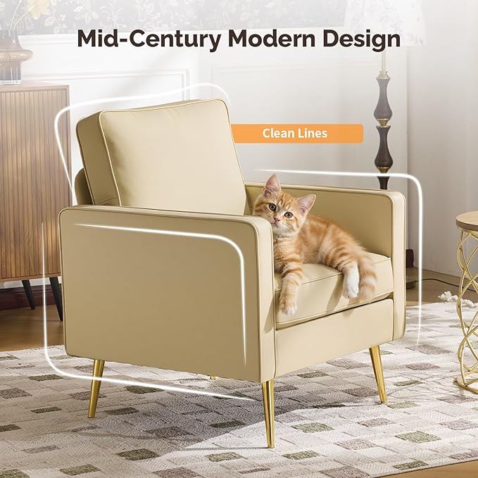VINGLI Modern PU Leather Accent Chair, Single Sofa Chair with Pocket Coil Seat, Metal Backrest & Solid Wood Frame, Upholstered Armchair for Living Room, Bedroom or Office