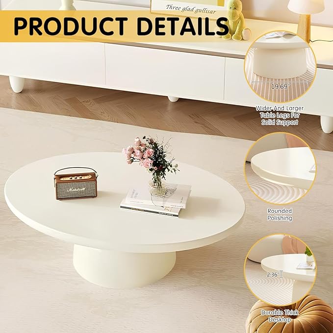 Cream White Oval Coffee Tables for Living Room Modern Irregular Coffee Table Center Tables Space Saving Sofa Low Table Unique Stable Pedestal Tea Table for Bedroom Easy Assembly (Oval 45.66")