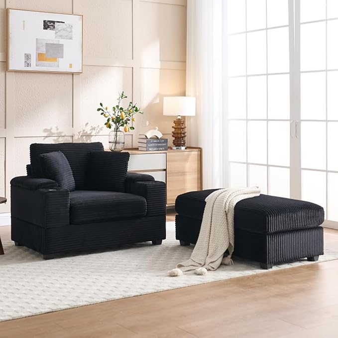 KEIKI Oversized Accent Chair with Ottoman, Chaise Lounge Chair Indoor with Handrail Storage, Cupholders, Oversized Sofa Bed, Deep Seat Sleeper Couch Reading Chairs for Living Room, Black