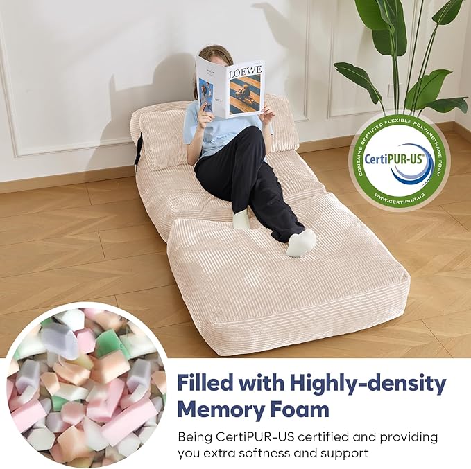 SHOUREN Folding Sofa Bed,Convertible Sleeper Chair Bed with Pillow,Foldable Futon Couch Mattress with Back Support,Portable Lazy Floor Sofa Lounger, Beige, Single