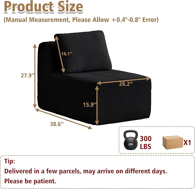 KIGOTY Modular Sectional Sofa, Comfy Cloud Sectional Couch, Armless Boneless Couch for Living Room, No Assembly Required,Black