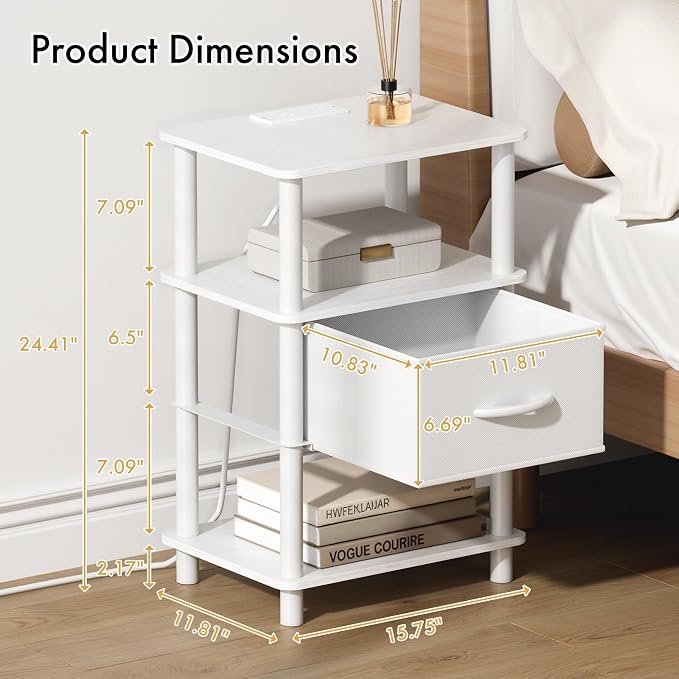 Bedroom Nightstand with Charging Station, Bedside Table with Adjustable Fabric Drawer, 3-Tier Night Table, 2-Min Installation Without Tools, Bedroom Side Table, White - Image 2