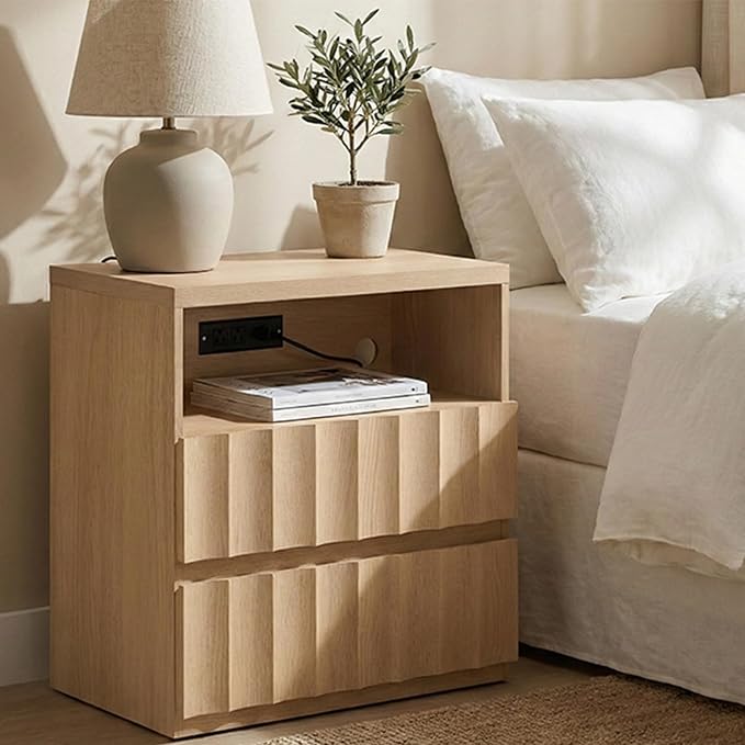 VividVibe Light Oak Wide Fluted Nightstand with Charging Station, Side Table with Discreet Rear Cord Cutouts, Large Drawers Wooden Modern Organic Bedside Table End Table for Bedroom Home Office - Image 7