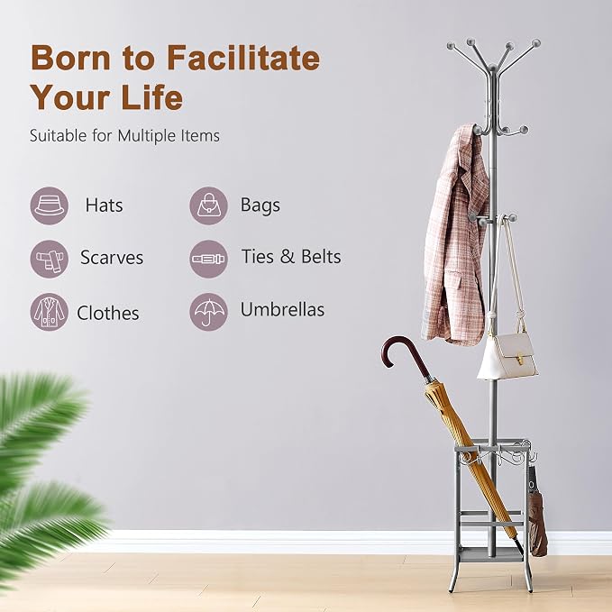 Hoctieon Coat Rack Freestanding With Umbrella Holder, Metal Coat Tree With 12 Hooks, Standing Hanger for Entryway, Hat Rack for Home Office, Gray - Image 8