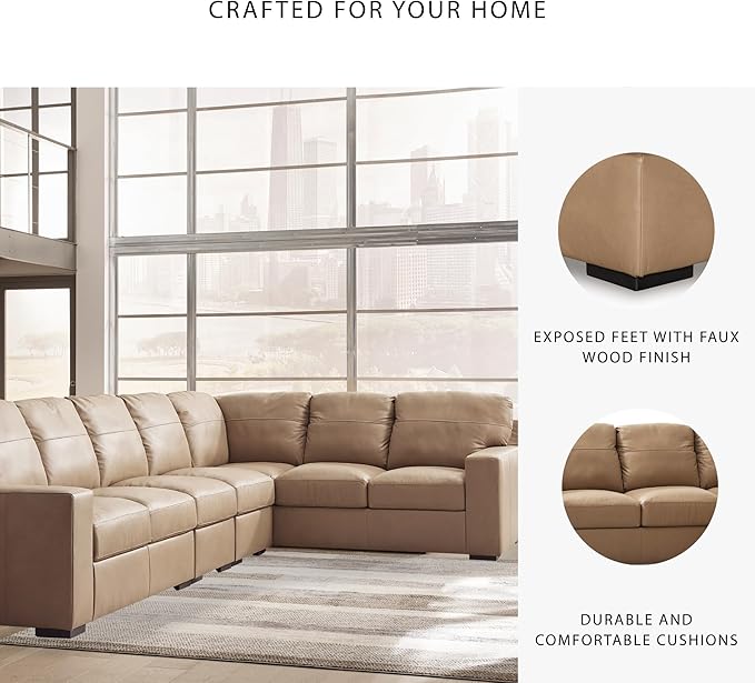 Signature Design by Ashley Bandon Modern Leather Match Right-Arm Facing 4-Piece Sectional with Removable Cushions and Armrest, Light Brown
