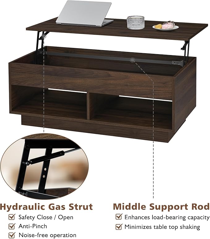 HOMMPA Lift Top Coffee Table with LED Light, Modern Center Table for Living Room, 3 Tiers Tea Table with Storage,Small Apartment Furniture with Hidden Compartment & 2 Open Shelves, Walnut