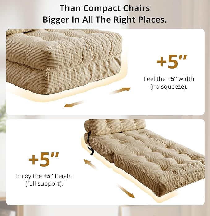 Folding Sofa Bed, Convertible Sleeper Chair with Pillow, Foldable Mattress with Back Support, Portable Floor Sofa Lounge for Living Room Bedroom Dorm