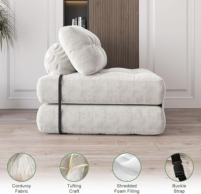 GarveeHome Folding Sofa Bed, Floor Folding Couch with Pillow, Futon Sofa Bed Convertible Sleeper Chair Foldable Mattress Back Support, Portable Fold Out Couch, Full, Corduroy, Beige