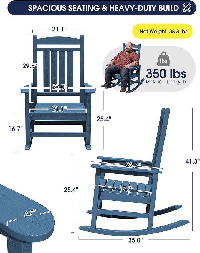 KINGYES Oversized HDPE Patio Rocking Chair Set of 2, Outdoor Rocking Chairs Porch Rocker for Adults, Navy - Image 3
