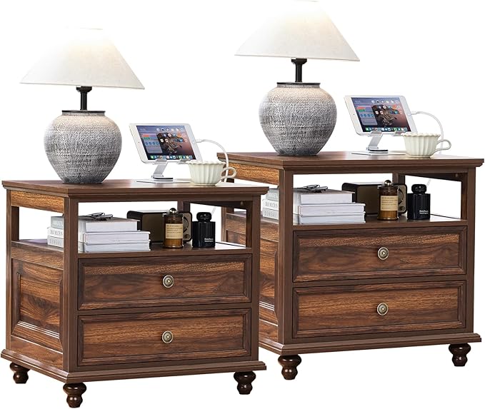 Joaxswe 24" Wide Farmhouse Night Stand Set of 2,Large End Table with 2 Drawers & Metal Handle,Brown Wood Dresser for Bedroom, Bed Side Table Chest of Drawers Cabinet, Nightstand for Living Room,Closet by Joaxswe