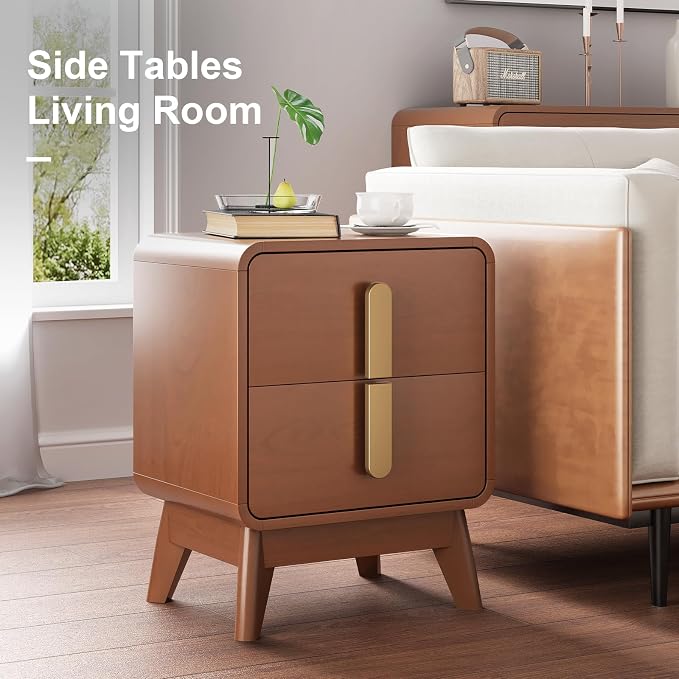 Mid Century Modern Nightstand Set of 2, Wood Bedside Table with 2 Drawers and Metal Handles, Curved Design, Night Stand Set 2 for Bedroom, Cherry - Image 9