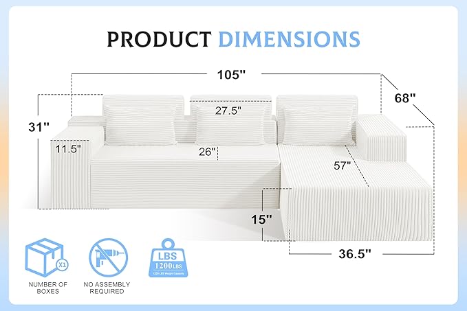 Homguava Modular Sectional Couches for Living Room,105" Cloud Couch with L-Shape Chaise,Comfy Sofa Living Room Sofas with Deep Seat,No Assembly L Couch,Corduroy Fabric(Beige,R)