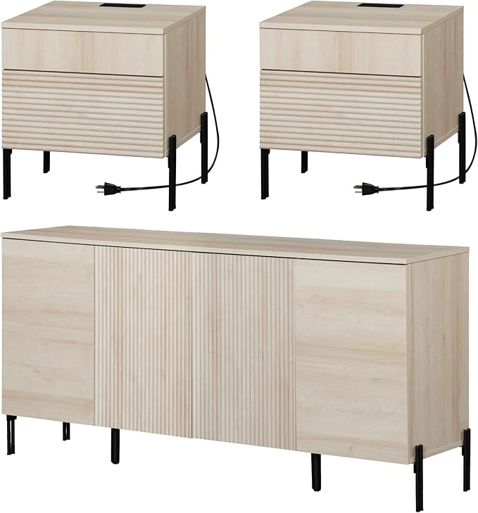WAMPAT 3 Pieces Bedroom Set, Fluted Storage Cabinet and Set of 2 Night Stands with Charging Station for Bedroom, Wood Dresser and Nightstand Set of 2, Wide Storage Organizer Cabinet for Bedroom, Beige