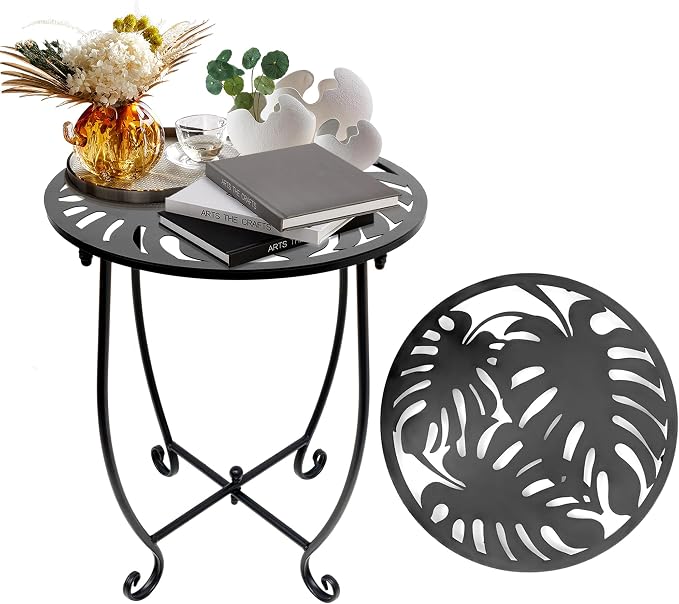 Outdoor Side Table for Small Spaces, Versatile 14 Inch Round Metal End Table for Patio Balcony Yard Porch Garden Bedside, Anti-Rust and Waterproof Accent Table for Indoor Outdoor Use, Easy Assembly by Plant+Castle