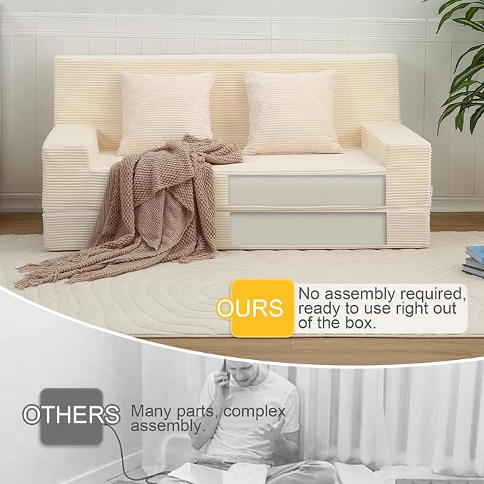 MeMoreCool Boneless Folding Queen Sofa Bed – Corduroy Convertible Futon Sleeper Couch with Foam Core & Pillow, Washable Cover, Space-Saving Floor Sofa for Living Room, Guest Bedroom, Apartment