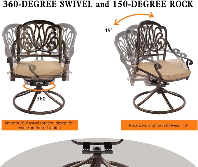 Grepatio 5 Piece Outdoor Dining Set Cast Aluminum Patio Dining Set Table and Chairs Outside Furniture 4 Swivel Chairs with Cushion and 1 Umbrella Hole Round Dining Table for Lawn Garden Patio (Khaki) - Image 6