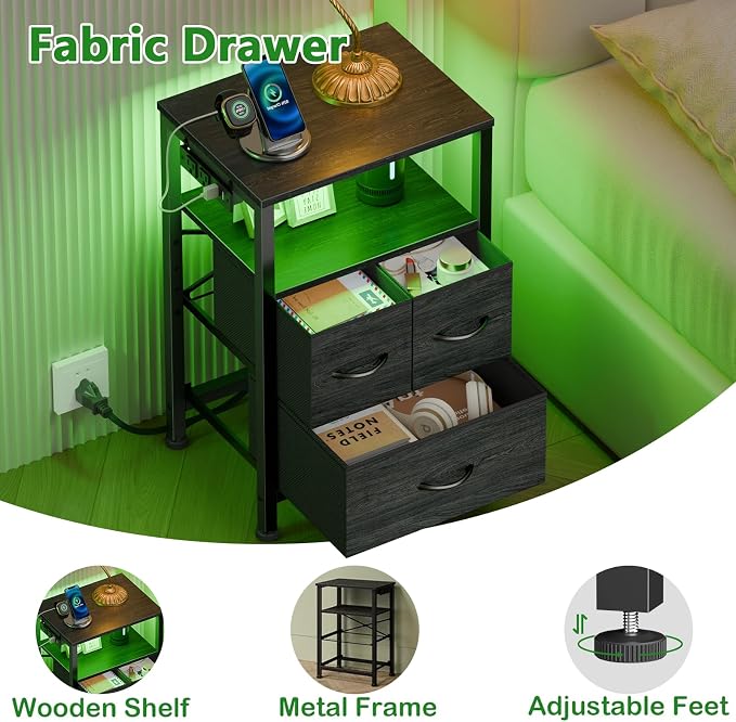 Furnulem Black Nightstand with Wood Shelf, Bed Side Table with Led Light and Charging Station, 25.8 Inch End Table with 3 Fabric Storage Drawers, Small Night Stand for Bedroom Furniture - Image 6