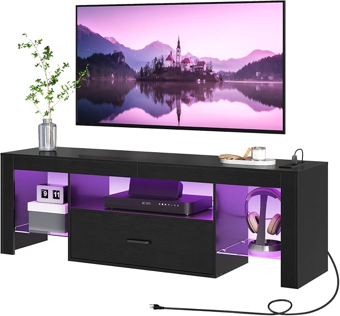 HOOBRO LED TV Stand with Power Outlets to 65 inch TV, Gaming Entertainment Center with Glass Shelves and Large Drawer, Modern Media TV Console Table for Living Room Bedroom, Black BB14UDDS01G1 by HOOBRO