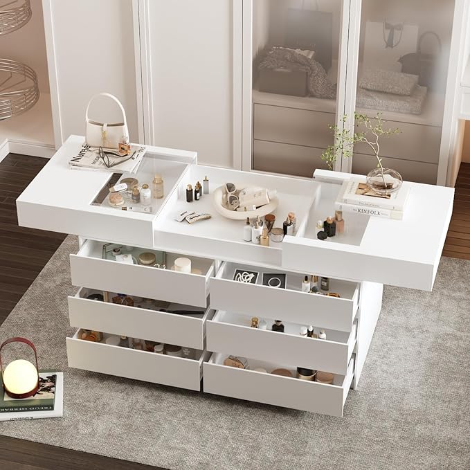 Armoire Bedroom Island Wardrobe Closet Island with 12 Drawers & Sliding Glass Tabletop, Island Dresser with Expandable Design, Closet Island for Bedroom Cloakroom White 63”W x 31.5”W x 35.8”H