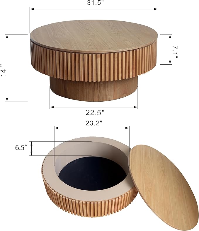 φ31.5 Round Coffee Table with Storage, Wood Veneered Pedestal End Table for Living Room, Modern Contemporary Circle Fluted Drum Side Table for Small Space - ø31.5" x 14"H Oak