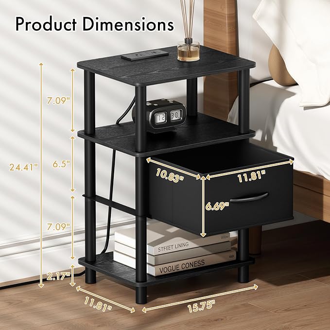 Bedroom Nightstand with Charging Station, Bedside Table with Adjustable Fabric Drawer, 3-Tier Night Table, 2-Min Installation Without Tools, Bedroom Side Table, Black - Image 2
