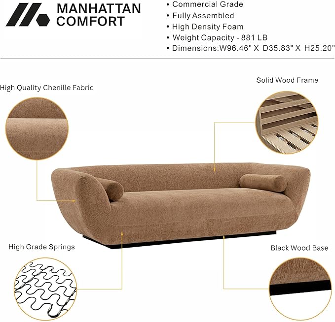 Manhattan Comfort Ulka 96-Inch Contemporary Boucle Sofa for Living Room with Premium Pine Wood Frame, Metal Base, High-Density Foam Padding & 2 Bolster Pillows, Light Brown