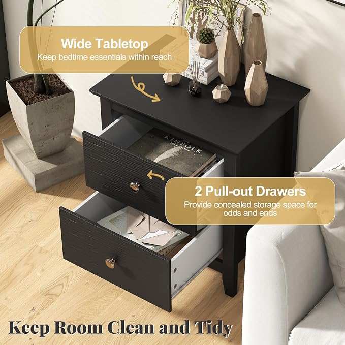 Giantex Black Nightstand, Modern 2 Drawers Night Stand with Handles, Sofa Side Table with Sturdy Legs for Small Spaces, College Dorm, Kids’ Room, Wooden Bedside Table for Bedroom, Black - Image 4