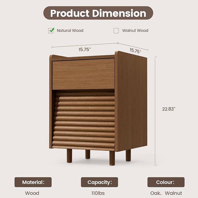 Wooden Night Stand with LED Light Set of 2, Modern Mid-Century Side Table, 2-Drawer Bedside End Table with Solid Wood Legs for Bedroom, Dorm and Small Spaces, Walnut - Image 2