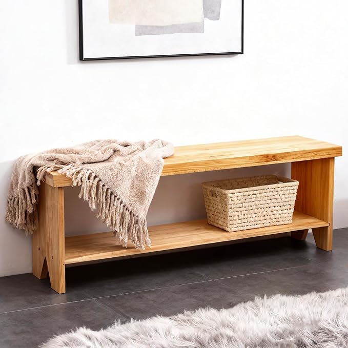 43" Solid Wood Farmhouse Bench, Entryway Bench with Storage Shelf, Narrow Rustic Indoor Bench for Bedroom, Entryway, Hallway, Dining - Image 3