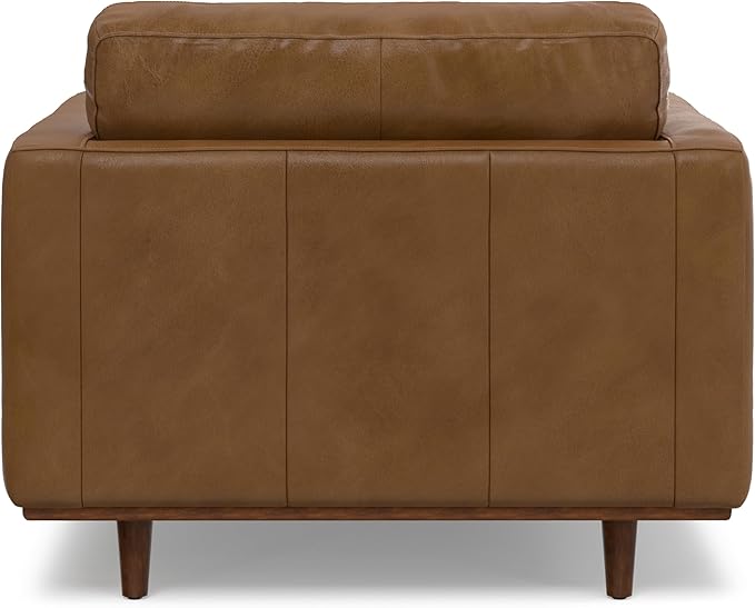 SIMPLIHOME Morrison Arm Chair - 42 inch Wide Upholstered Genuine Leather Mid-Century Modern Accent Chair in Caramel Brown with Solid Wood Legs, Reversible Bolster Pillows and Reclined Back
