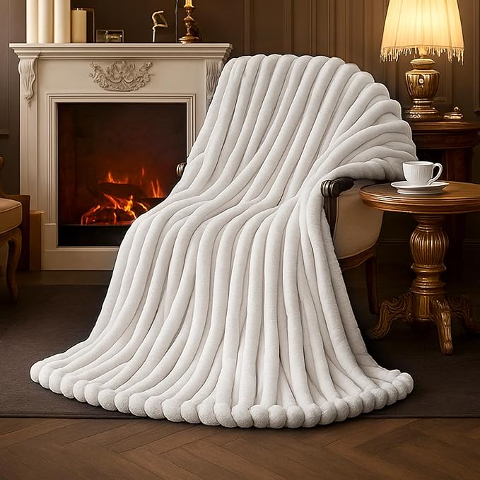 Amélie Home Faux Fur Throw Blanket for Couch, Cozy Fuzzy Fluffy Fur Luxurious Soft Striped Plush Gift Blankets for Family Sofa Chair, 60"x80", Ivory