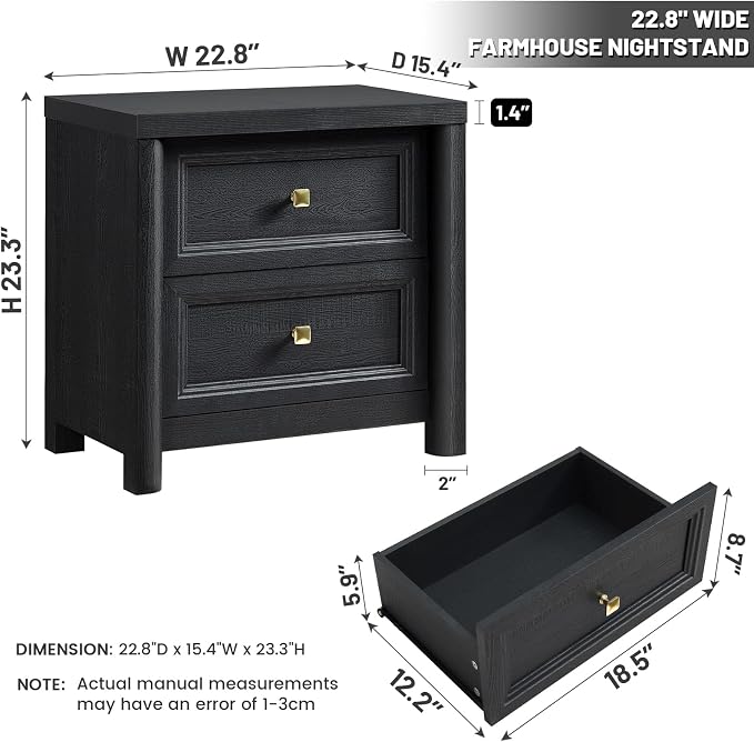 Black Nightstand Set of 2, Farmhouse Night Stand Set 2, Black and Gold Nightstand with 2 Drawers, Wood Bed Side Table for Bedroom, 23.3” Tall Nightstand with Gold Knob, Wooden End Table Sofa Couch - Image 3