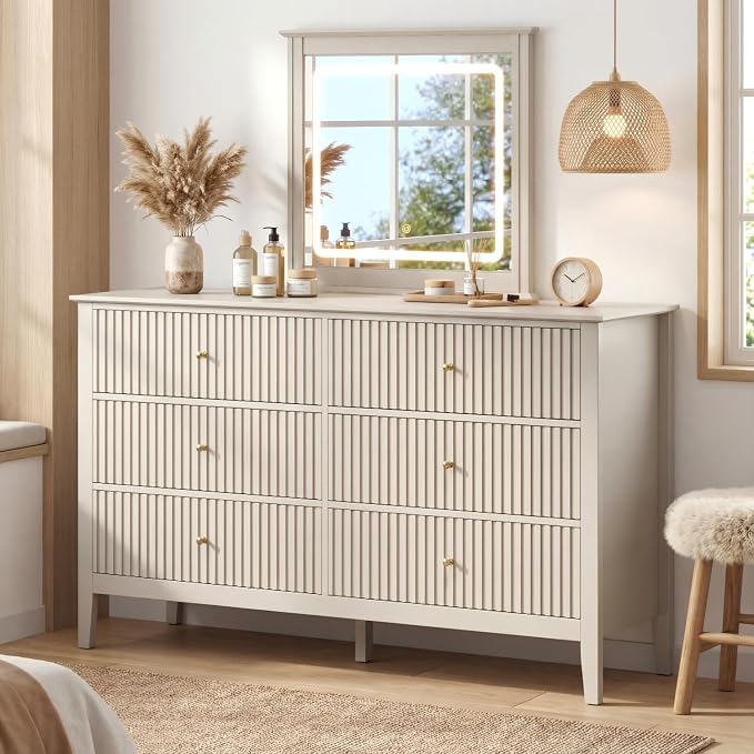 RoyalCraft 6 Drawer Dresser with Lighted Mirror, Beige Fluted Modern Wood Chest of Drawers, Long Dresser for Bedroom Storage by Bringyoubetterlife