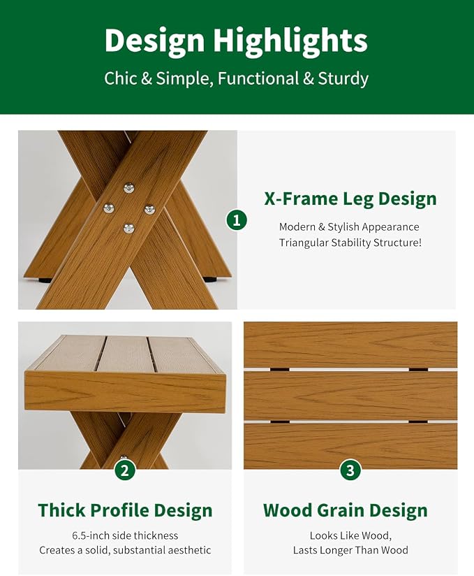 44.5" HIPS Outdoor Dining Bench, X-Shaped Modern Backless 2-Person Seating, All-Weather Patio Bench with Wood Grain Texture, Easy Assembly, Teak - Image 4