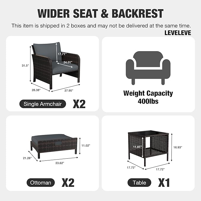 LEVELEVE Patio Conversation Set 5 Piece, Balcony Furniture Outdoor PE Rattan Wicker Lounge Chairs with Soft Cushions, 2 Ottomans & Glass Table for Porch Lawn, Brown (Dark Grey Cushions