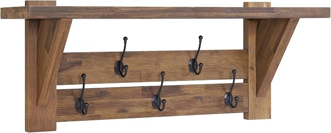 Alaterre Furniture Bethel Wall-Mounted Coat Rack with Shelf – Rustic Farmhouse 40-Inch Solid Wood Entryway Organizer with 5 Black Metal Double Hooks & Upper Storage Shelf (Natural Aged Brown) - Image 9