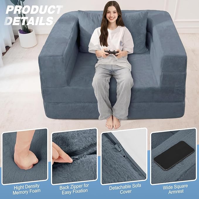 Futon Sofa Bed with Pillow, 3-in-1 Sleeper Sofa Bed with Removable Cover, Convertible Floor Sofa Bed, No Assembly Boneless Couch for Living Room, Bedroom