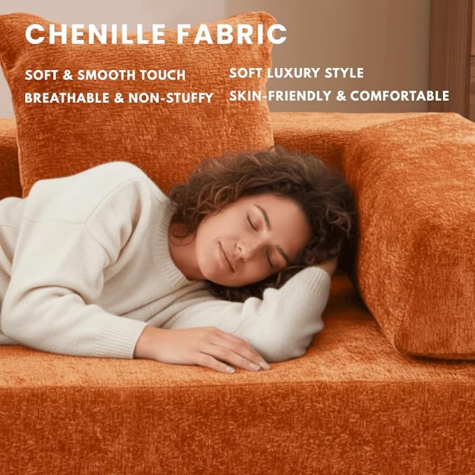4-in-1 Folding Convertible Sofa Bed, 77" Floor Couch with Pillow - Chenille Fabric & High-Density Sponge & Fixed-Shape Frame, Modular Sofa for Living Room/Lounge/Studio, Orange
