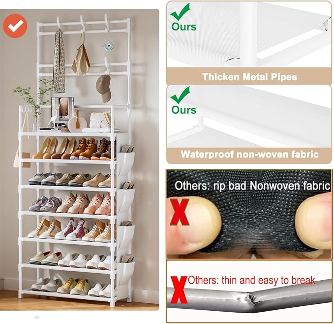 OYREL Shoe Rack 7 Tier Shoe Organizer Storage 21-28 Pairs Closet Shoes Rack for Front Door Entrance Shoe Rack Organizer with Hooks Side Pocket Entryway Large Capacity Shoe Shelf Tower Garage - Image 5